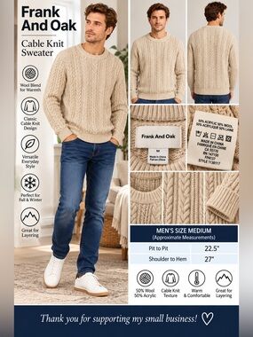 Frank And Oak Cable Knit Sweater Men’s M Cream Wool Blend Fisherman Crewneck